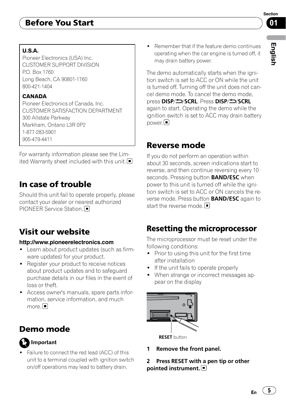 In case of trouble, Visit our website, Demo mode | Reverse mode, Resetting the microprocessor, Before you start | Pioneer DEH P4200UB User Manual | Page 5 / 122