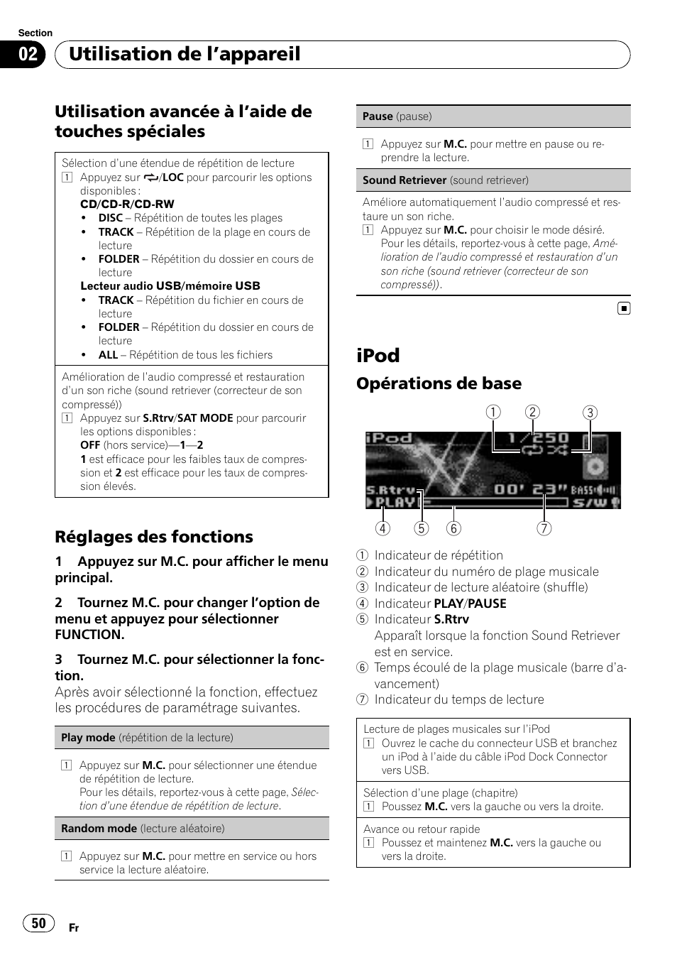 Utilisation avancée à l’aide de touches, Spéciales, Réglages des fonctions 50 | Ipod, Opérations de base 50, Utilisation de l ’appareil, Utilisation avancée à l ’aide de touches spéciales, Réglages des fonctions, Opérations de base | Pioneer DEH P4200UB User Manual | Page 50 / 122