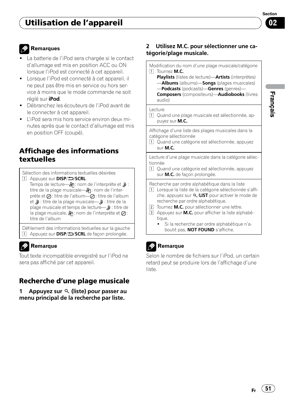 Affichage des informations, Textuelles, Recherche d’une plage musicale 51 | Utilisation de l ’appareil, Affichage des informations textuelles, Recherche d ’une plage musicale, Français | Pioneer DEH P4200UB User Manual | Page 51 / 122