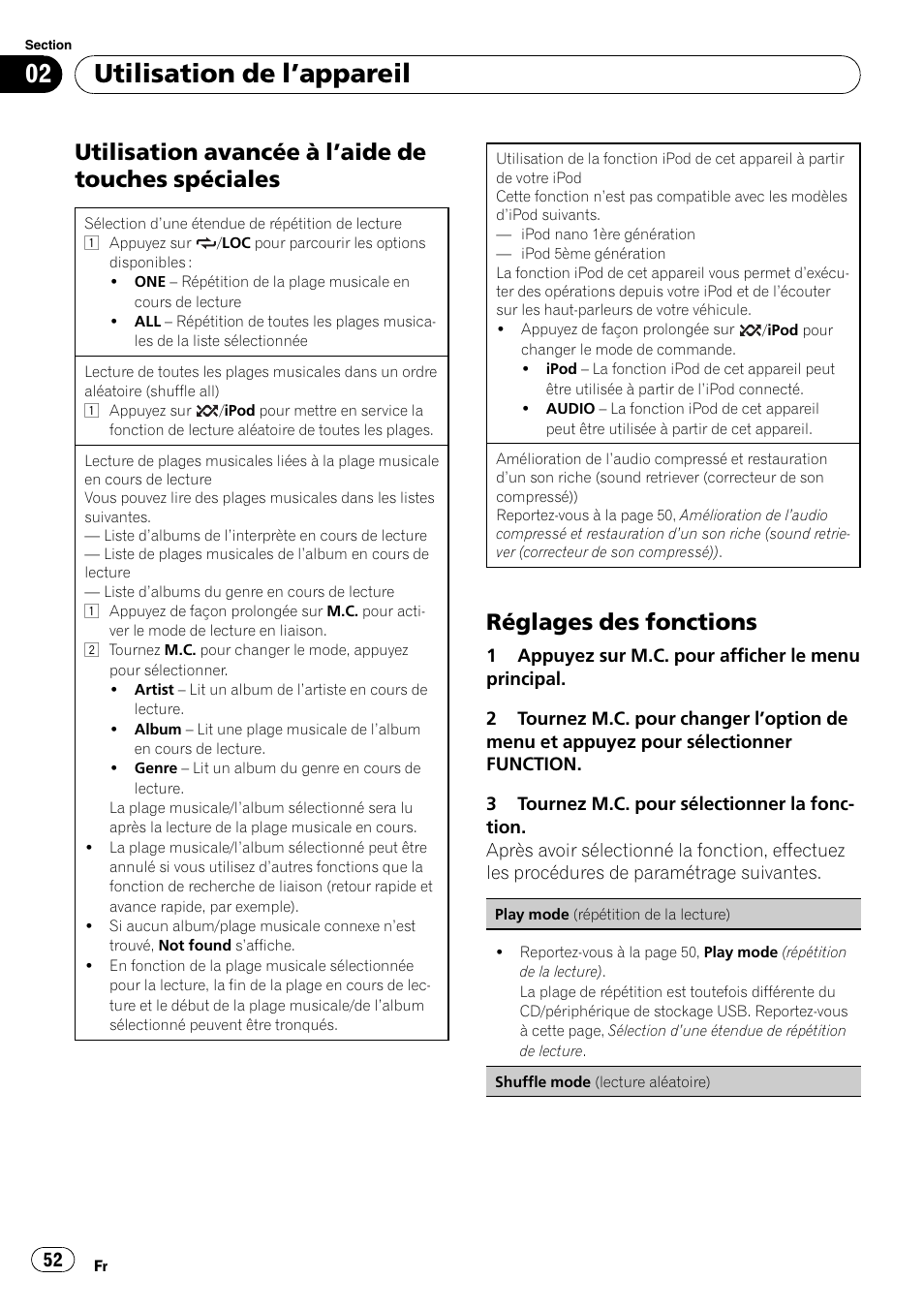 Utilisation avancée à l’aide de touches, Spéciales, Réglages des fonctions 52 | Utilisation de l ’appareil, Utilisation avancée à l ’aide de touches spéciales, Réglages des fonctions | Pioneer DEH P4200UB User Manual | Page 52 / 122