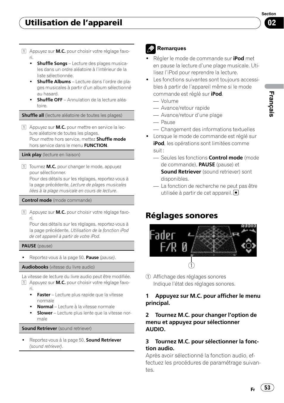 Réglages sonores, Utilisation de l ’appareil, Français | Pioneer DEH P4200UB User Manual | Page 53 / 122