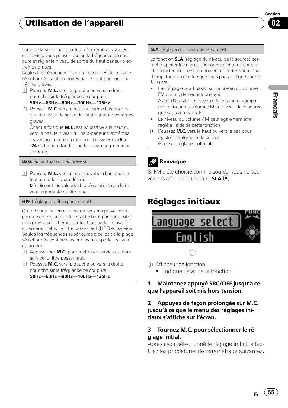 Réglages initiaux, Utilisation de l ’appareil, Français | Pioneer DEH P4200UB User Manual | Page 55 / 122