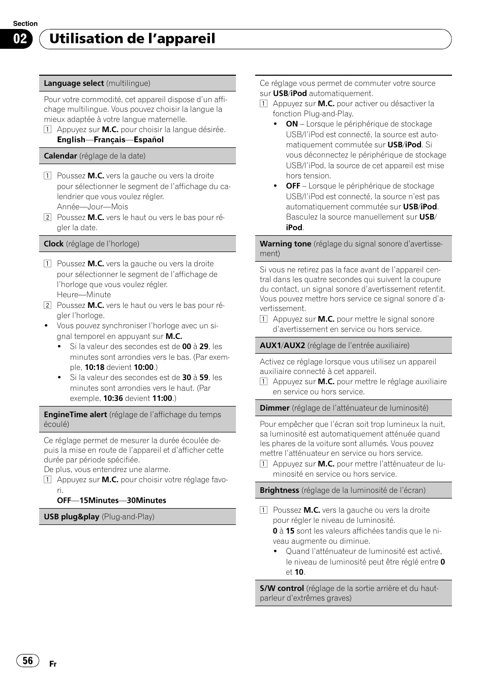 S/w control (réglage de la sortie ar, Rière et du haut-parleur d, Extrêmes graves) | Utilisation de l ’appareil | Pioneer DEH P4200UB User Manual | Page 56 / 122