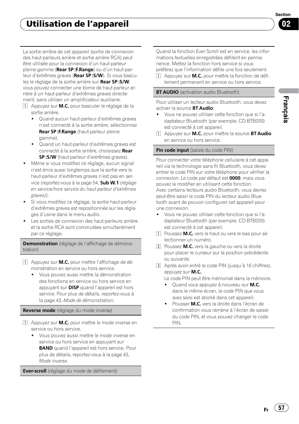 Utilisation de l ’appareil, Français | Pioneer DEH P4200UB User Manual | Page 57 / 122