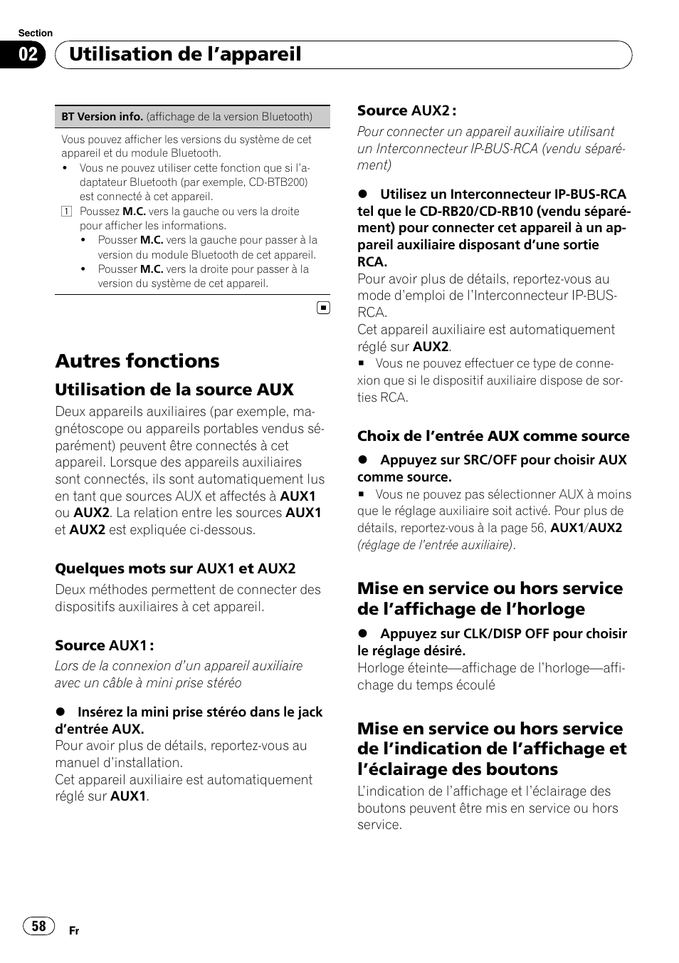 Autres fonctions, Utilisation de la source aux 58, Mise en service ou hors service de | Affichage de l’horloge 58, Indication de l’affichage et l’éclairage, Des boutons, Utilisation de l ’appareil, Utilisation de la source aux | Pioneer DEH P4200UB User Manual | Page 58 / 122