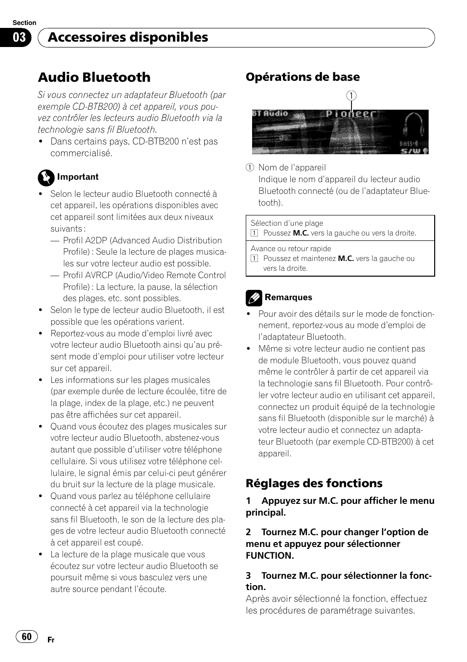 Accessoires disponibles audio bluetooth, Opérations de base 60, Réglages des fonctions 60 | Audio bluetooth, Accessoires disponibles, Opérations de base, Réglages des fonctions | Pioneer DEH P4200UB User Manual | Page 60 / 122