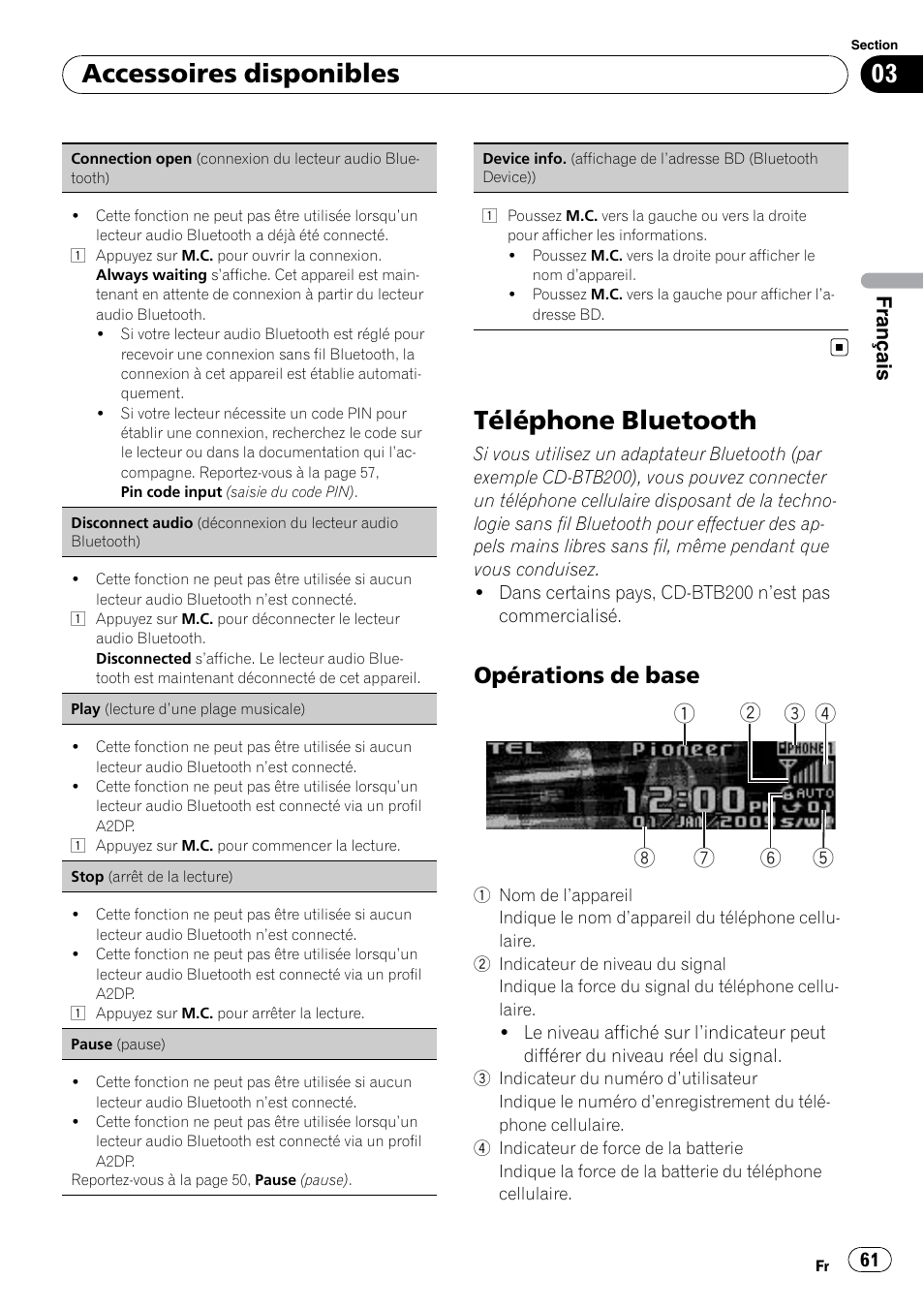 Téléphone bluetooth, Opérations de base 61, Accessoires disponibles | Opérations de base, Français | Pioneer DEH P4200UB User Manual | Page 61 / 122