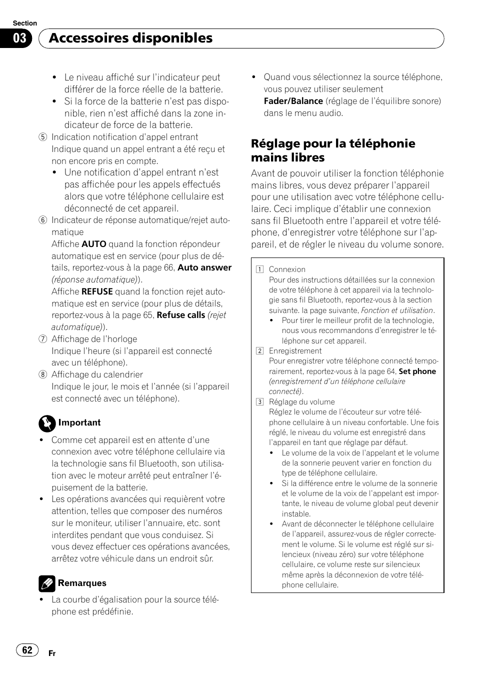 Réglage pour la téléphonie mains, Libres, Accessoires disponibles | Réglage pour la téléphonie mains libres | Pioneer DEH P4200UB User Manual | Page 62 / 122