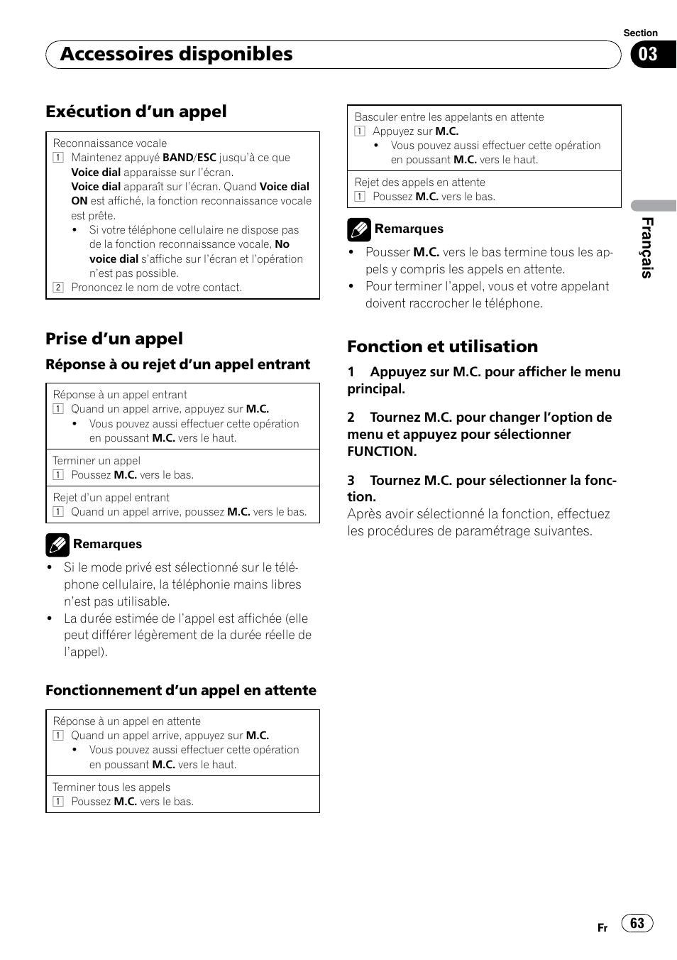 Exécution d’un appel 63, Prise d’un appel 63, Fonction et utilisation 63 | Accessoires disponibles, Exécution d ’un appel, Prise d ’un appel, Fonction et utilisation, Français | Pioneer DEH P4200UB User Manual | Page 63 / 122