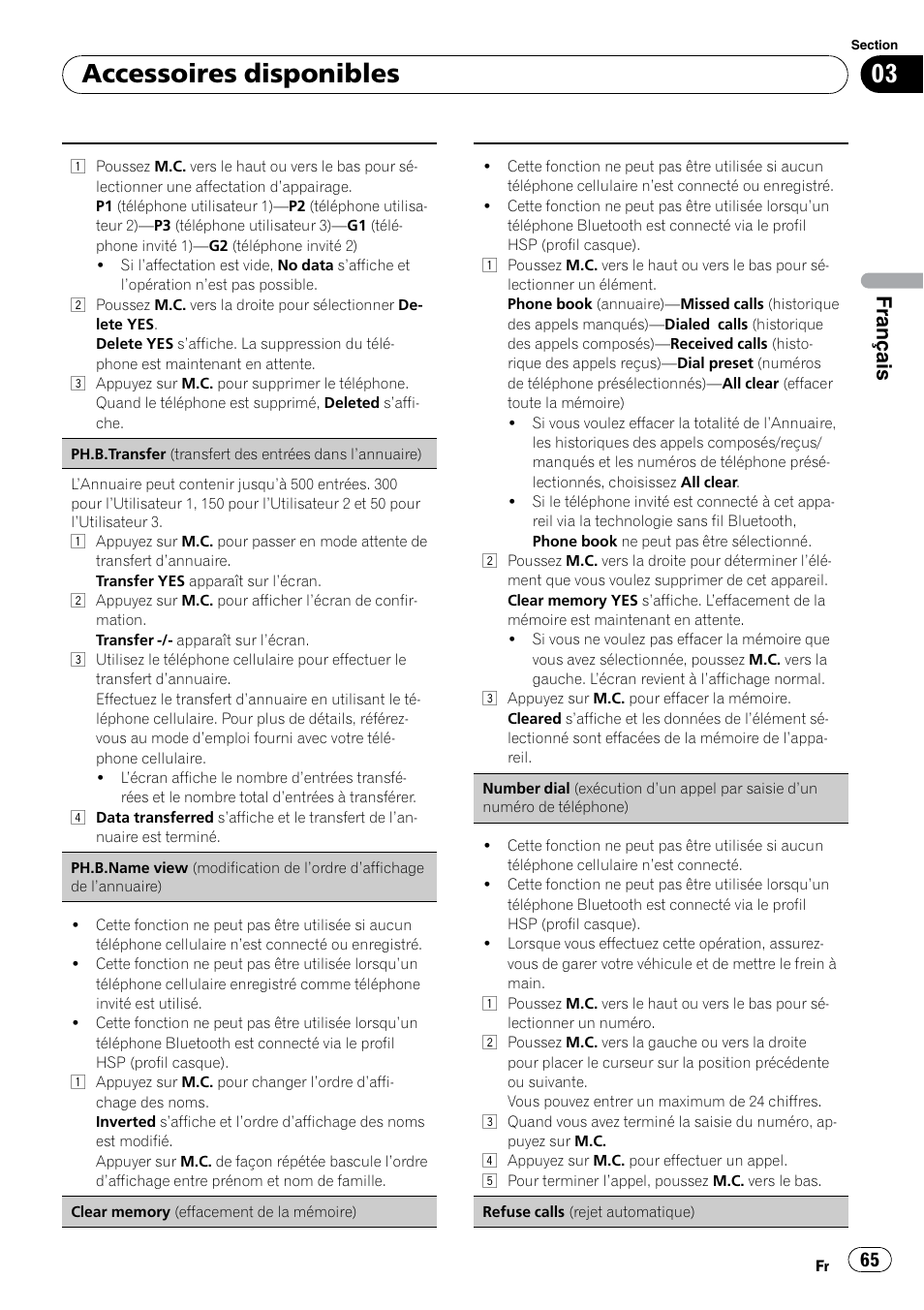 Refuse calls (rejet, Automatique), Accessoires disponibles | Français | Pioneer DEH P4200UB User Manual | Page 65 / 122