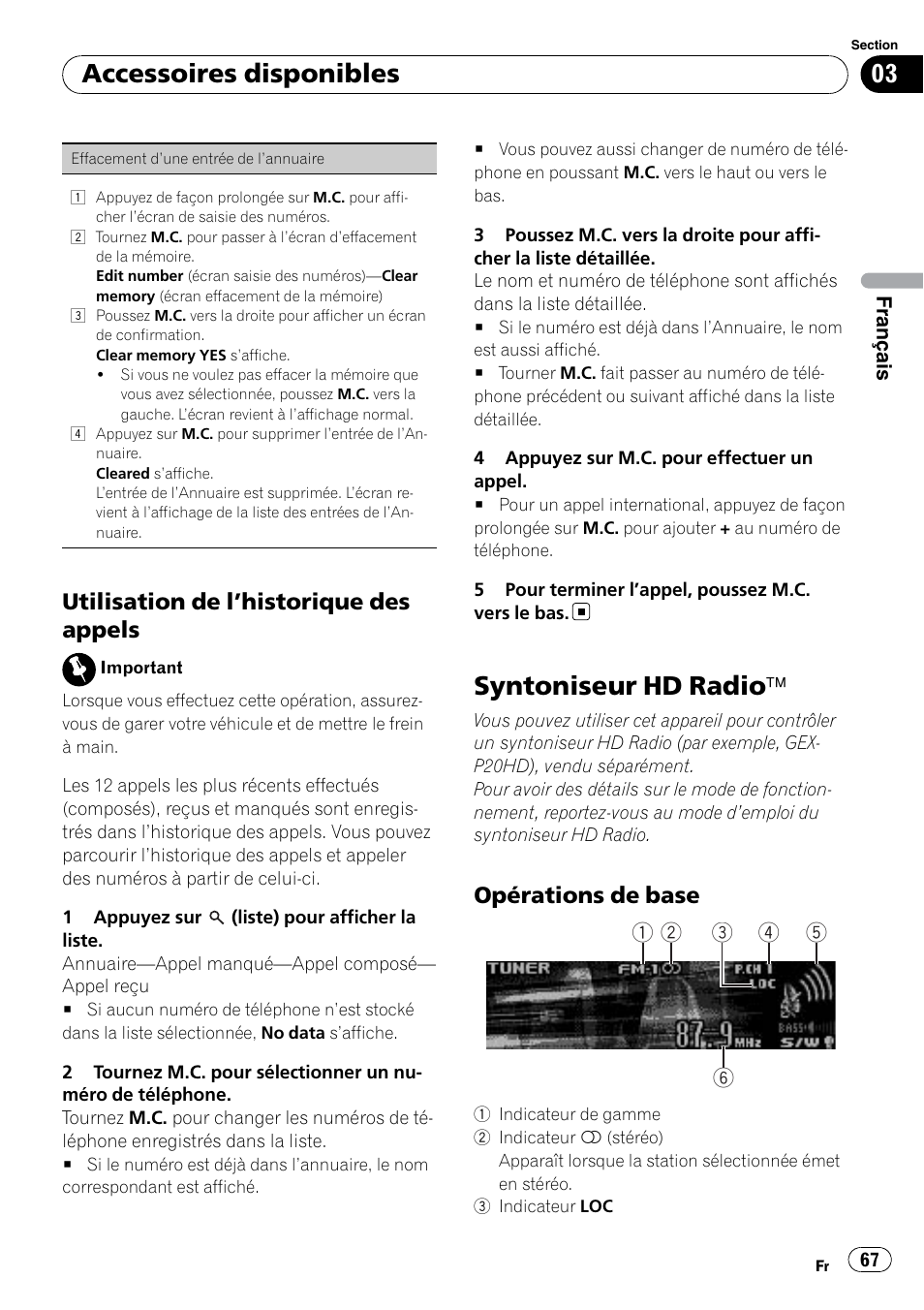 Utilisation de l’historique des, Appels, Syntoniseur hd radio | Ä 67, Opérations de base 67, Syntoniseur hd radio ä, Accessoires disponibles, Utilisation de l ’historique des appels, Opérations de base | Pioneer DEH P4200UB User Manual | Page 67 / 122