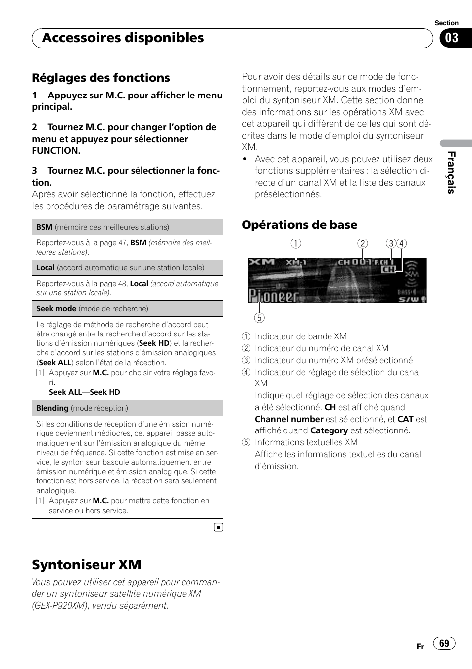 Réglages des fonctions 69, Syntoniseur xm, Opérations de base 69 | Accessoires disponibles, Réglages des fonctions, Opérations de base, Français | Pioneer DEH P4200UB User Manual | Page 69 / 122