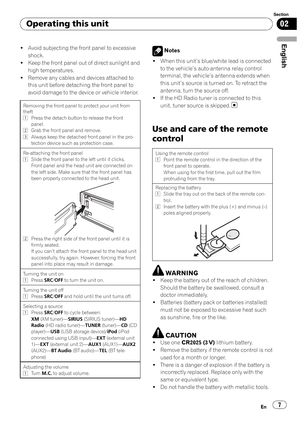 Use and care of the remote control, Operating this unit, English | Pioneer DEH P4200UB User Manual | Page 7 / 122