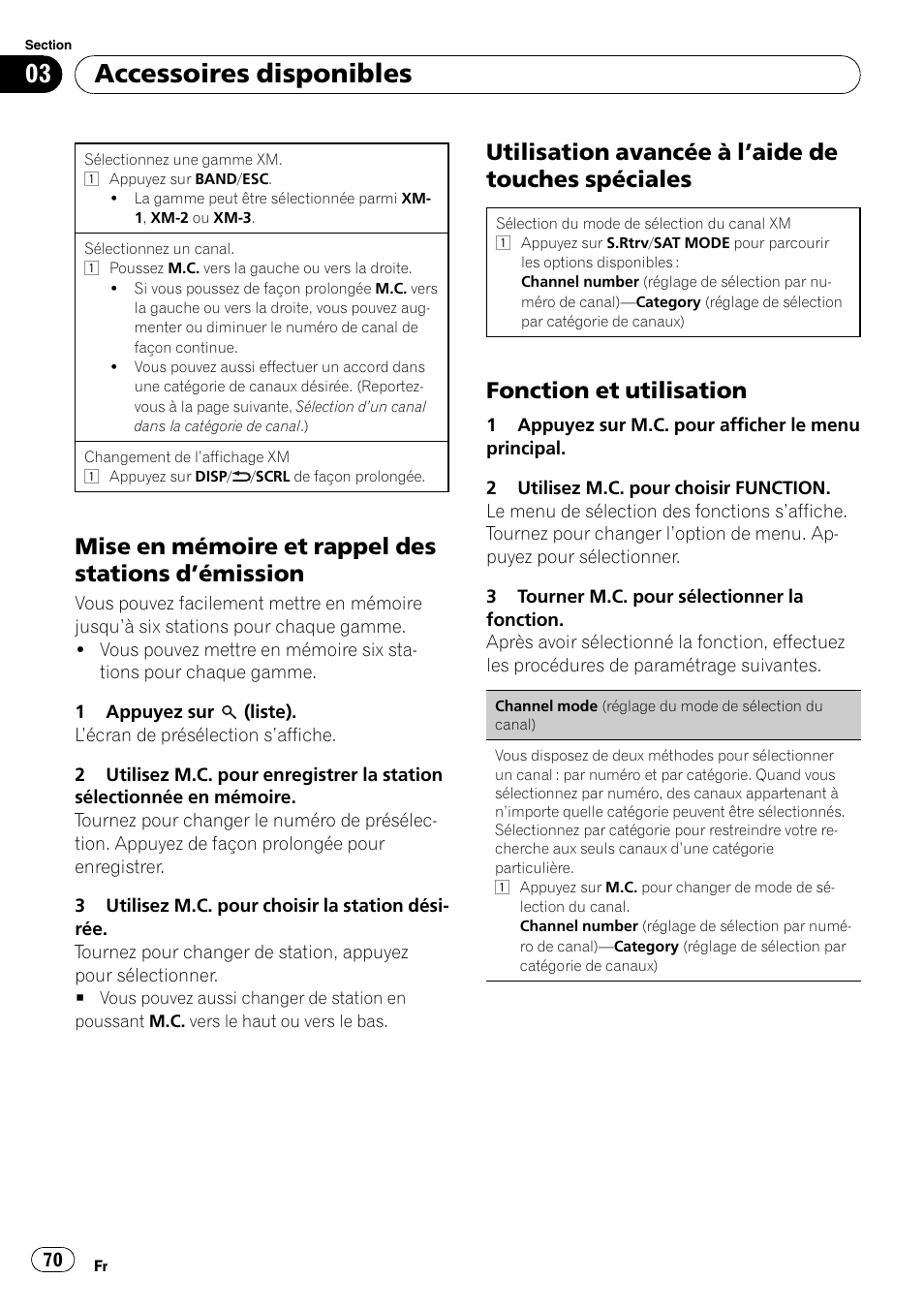 Mise en mémoire et rappel des stations, Émission 70, Utilisation avancée à l’aide de touches | Spéciales, Fonction et utilisation 70, Accessoires disponibles, Mise en mémoire et rappel des stations d ’émission, Utilisation avancée à l ’aide de touches spéciales, Fonction et utilisation | Pioneer DEH P4200UB User Manual | Page 70 / 122