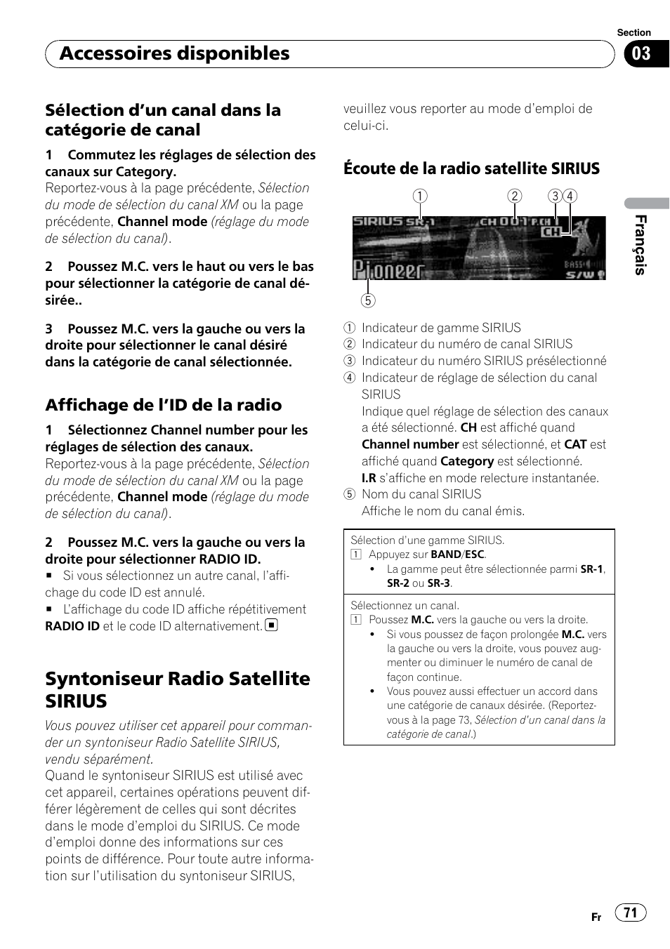 Sélection d’un canal dans la catégorie, De canal, Affichage de l’id de la radio 71 | Syntoniseur radio satellite sirius, Écoute de la radio satellite sirius 71, Accessoires disponibles, Sélection d ’un canal dans la catégorie de canal, Affichage de l ’id de la radio, Écoute de la radio satellite sirius | Pioneer DEH P4200UB User Manual | Page 71 / 122