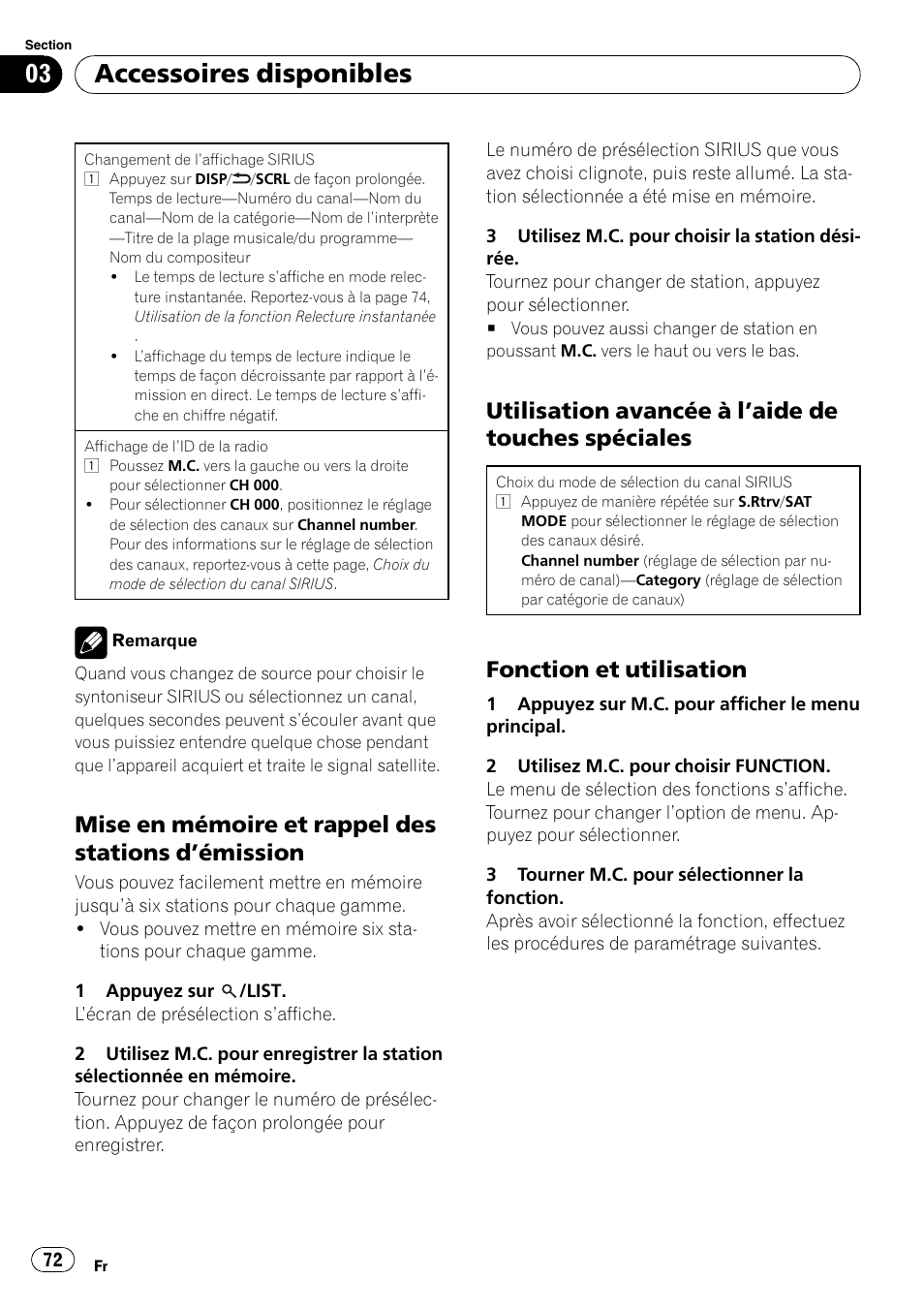 Mise en mémoire et rappel des stations, Émission 72, Utilisation avancée à l’aide de touches | Spéciales, Fonction et utilisation 72, Accessoires disponibles, Mise en mémoire et rappel des stations d ’émission, Utilisation avancée à l ’aide de touches spéciales, Fonction et utilisation | Pioneer DEH P4200UB User Manual | Page 72 / 122