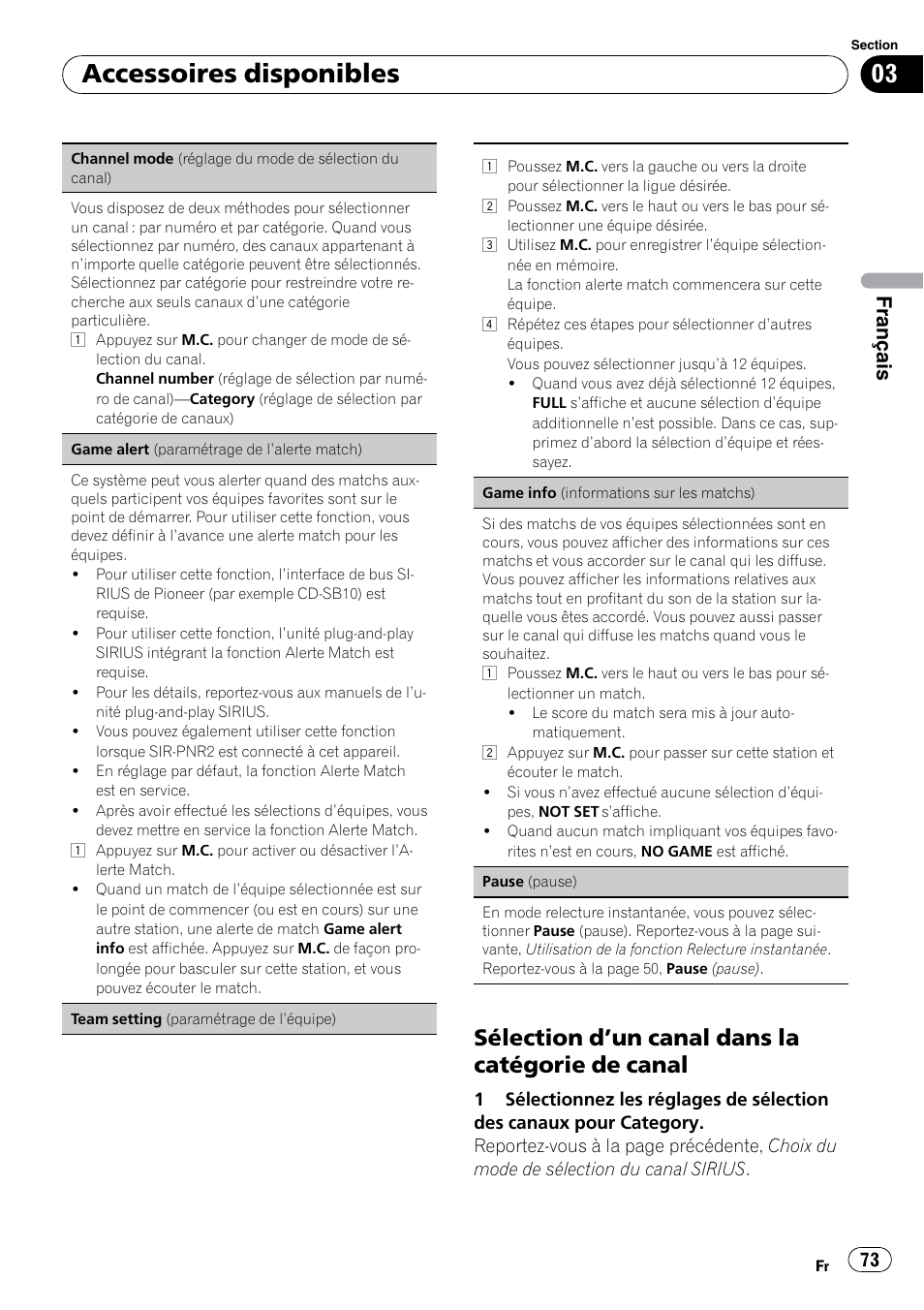 Sélection d’un canal dans la catégorie, De canal, Un canal dans la | Catégorie de canal, Accessoires disponibles, Sélection d ’un canal dans la catégorie de canal, Français | Pioneer DEH P4200UB User Manual | Page 73 / 122