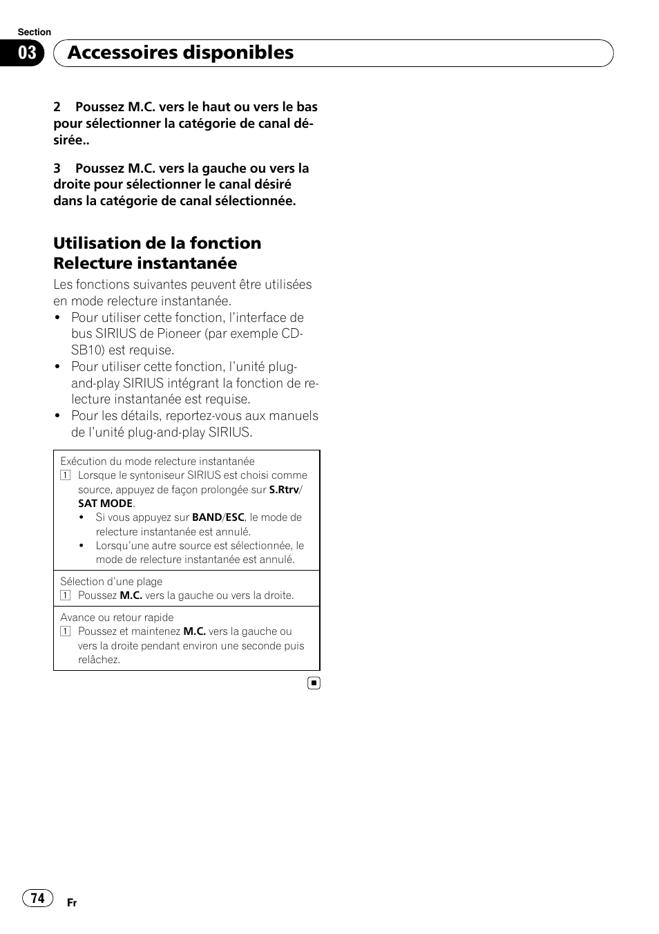 Utilisation de la fonction relecture, Instantanée, Accessoires disponibles | Utilisation de la fonction relecture instantanée | Pioneer DEH P4200UB User Manual | Page 74 / 122