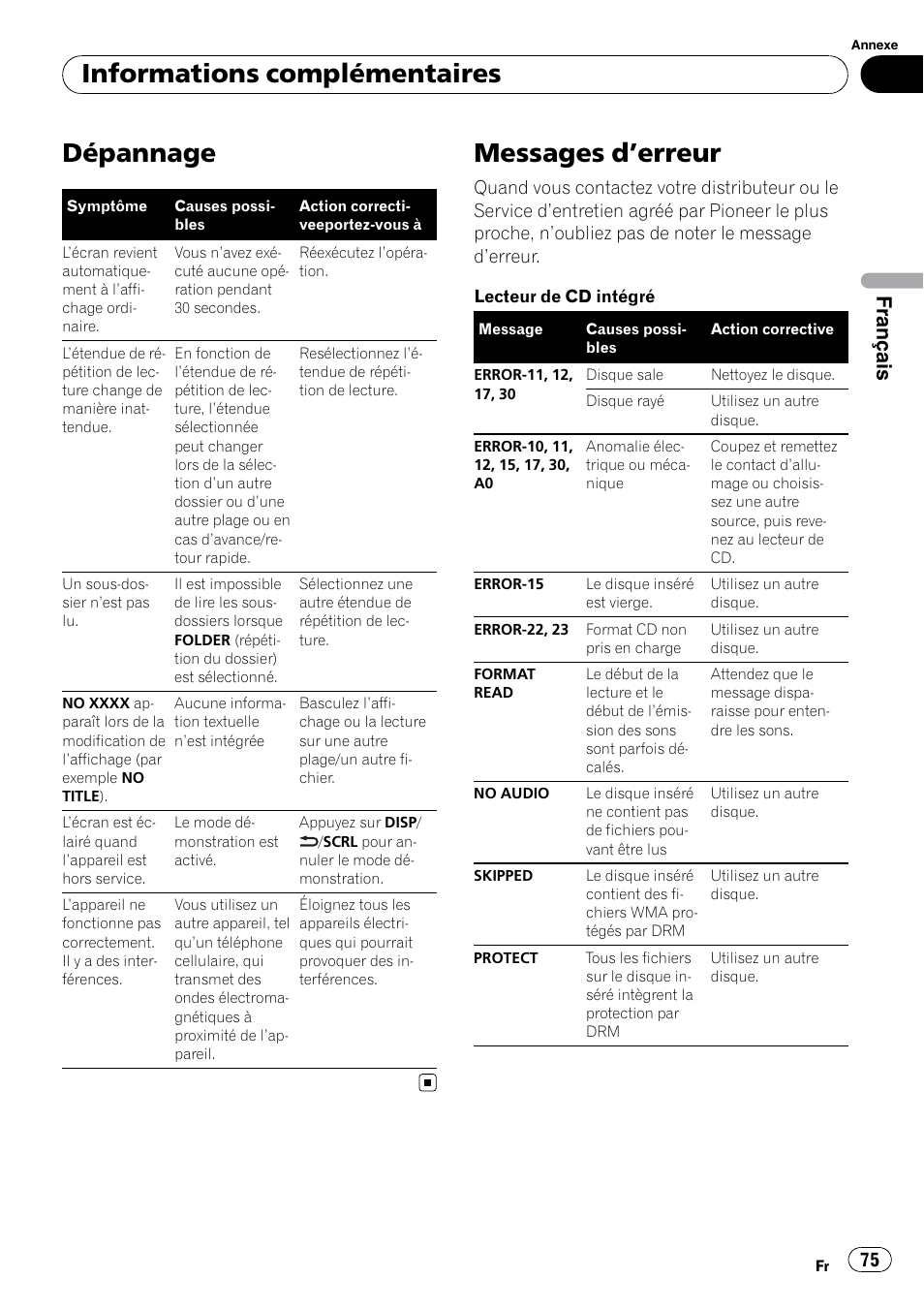 Informations complémentaires dépannage, Messages d, Erreur 75 | Dépannage, Messages d ’erreur, Informations complémentaires, Français | Pioneer DEH P4200UB User Manual | Page 75 / 122