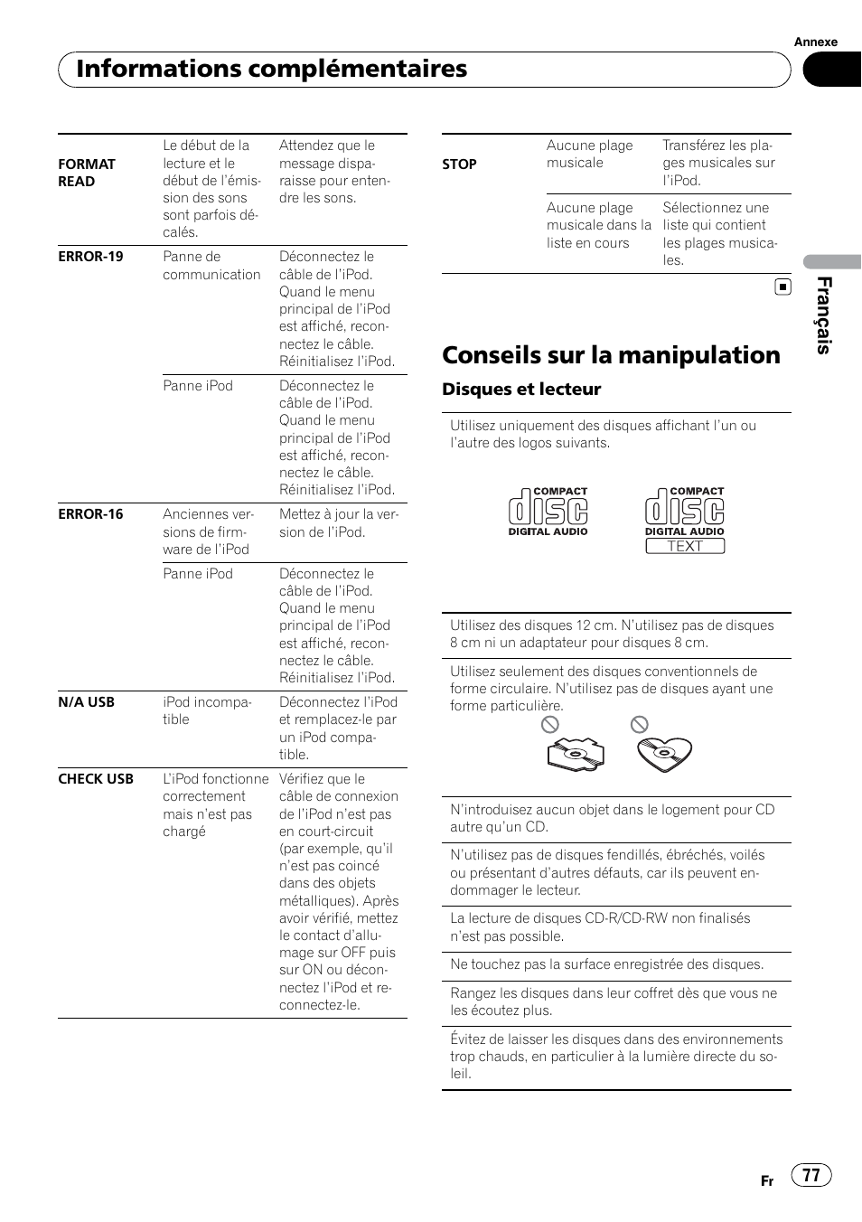 Conseils sur la manipulation, Informations complémentaires, Français | Disques et lecteur | Pioneer DEH P4200UB User Manual | Page 77 / 122