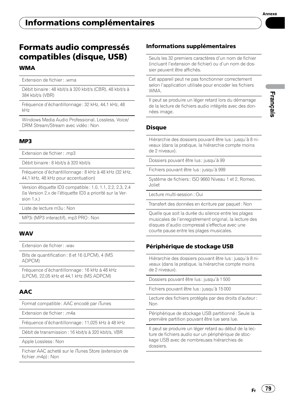 Formats audio compressés compatibles, Disque, usb), Formats audio compressés compatibles (disque, usb) | Informations complémentaires, Français | Pioneer DEH P4200UB User Manual | Page 79 / 122