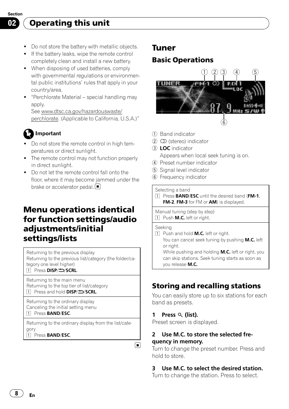 Menu operations identical for function, Settings/audio adjustments/initial settings/ lists, Tuner | Basic operations 8, Storing and recalling stations 8, Operating this unit, Basic operations, Storing and recalling stations | Pioneer DEH P4200UB User Manual | Page 8 / 122