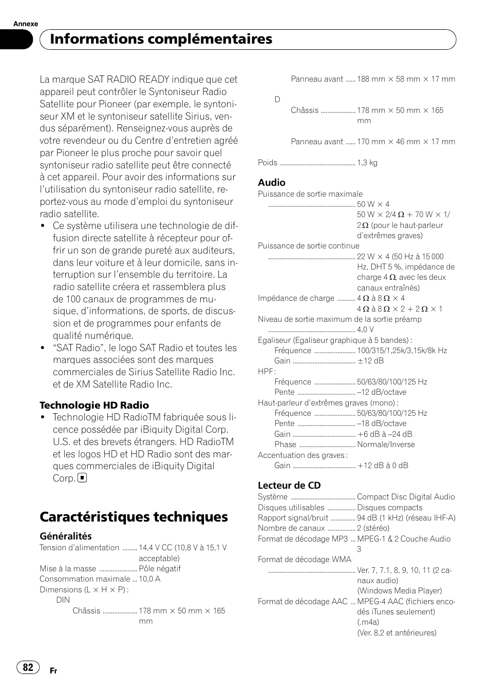 Caractéristiques techniques, Informations complémentaires | Pioneer DEH P4200UB User Manual | Page 82 / 122