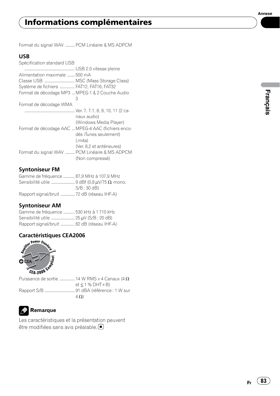 Informations complémentaires, Français | Pioneer DEH P4200UB User Manual | Page 83 / 122
