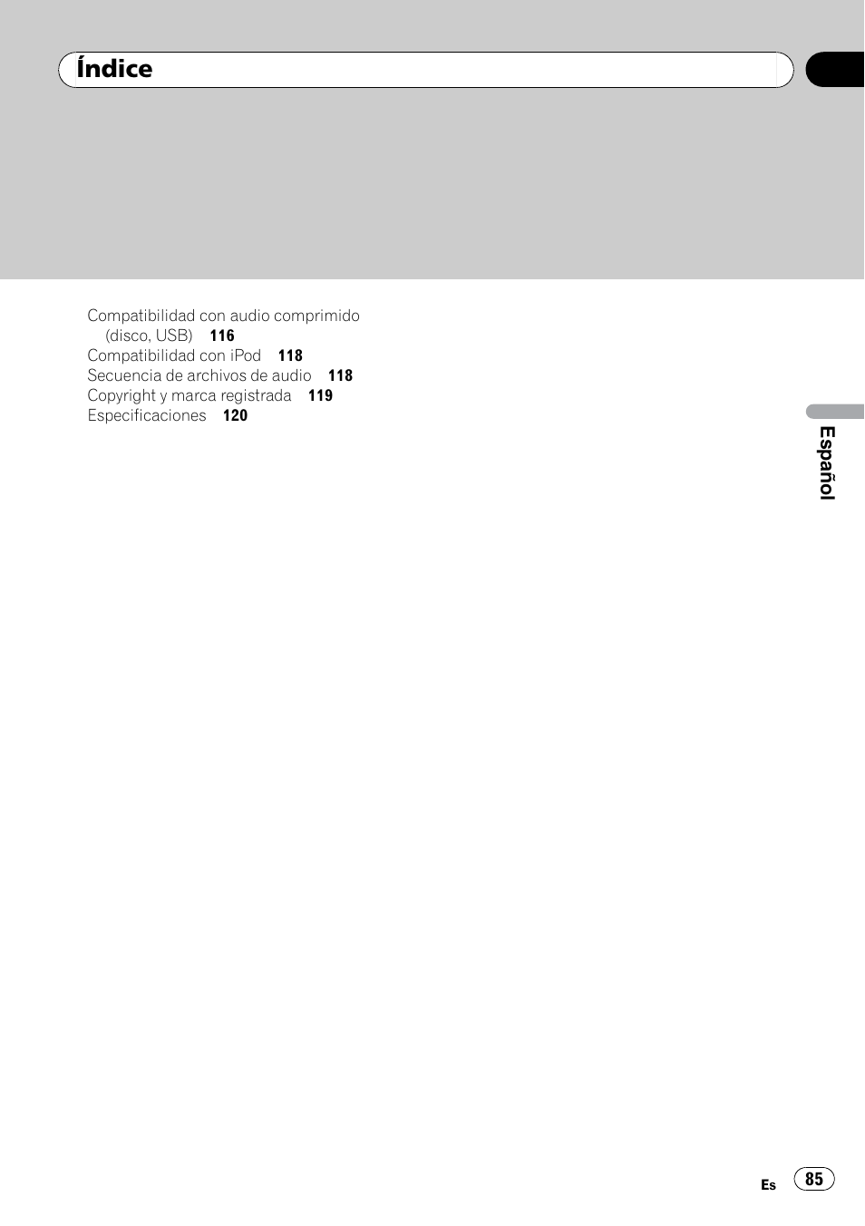 Índice | Pioneer DEH P4200UB User Manual | Page 85 / 122