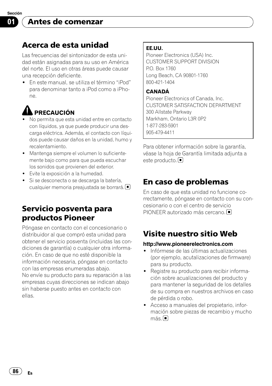 Antes de comenzar, Acerca de esta unidad, Servicio posventa para productos | Pioneer, En caso de problemas, Visite nuestro sitio web, Servicio posventa para productos pioneer | Pioneer DEH P4200UB User Manual | Page 86 / 122