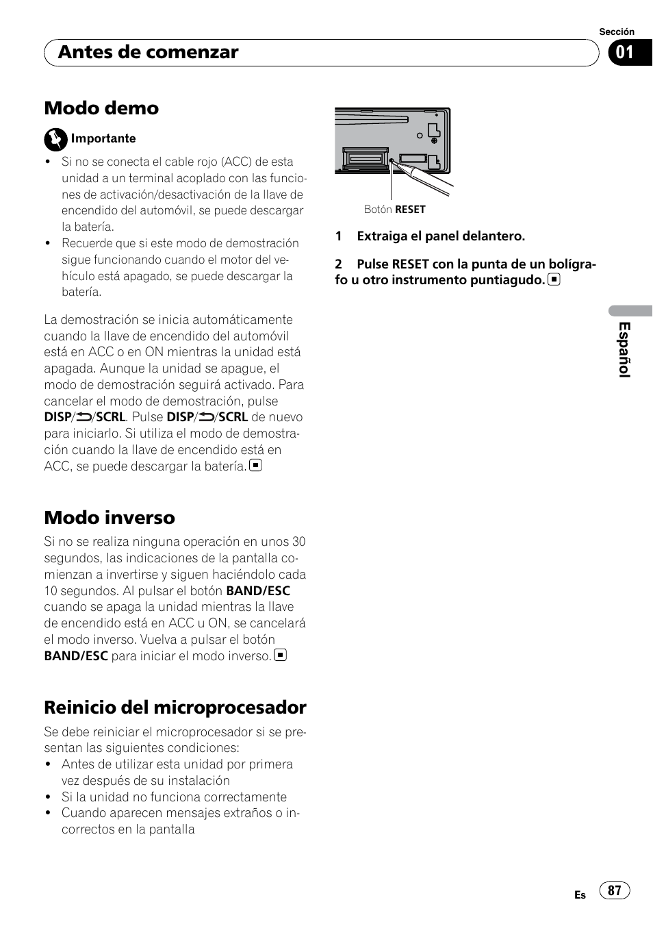 Modo demo, Modo inverso, Reinicio del microprocesador | Antes de comenzar | Pioneer DEH P4200UB User Manual | Page 87 / 122
