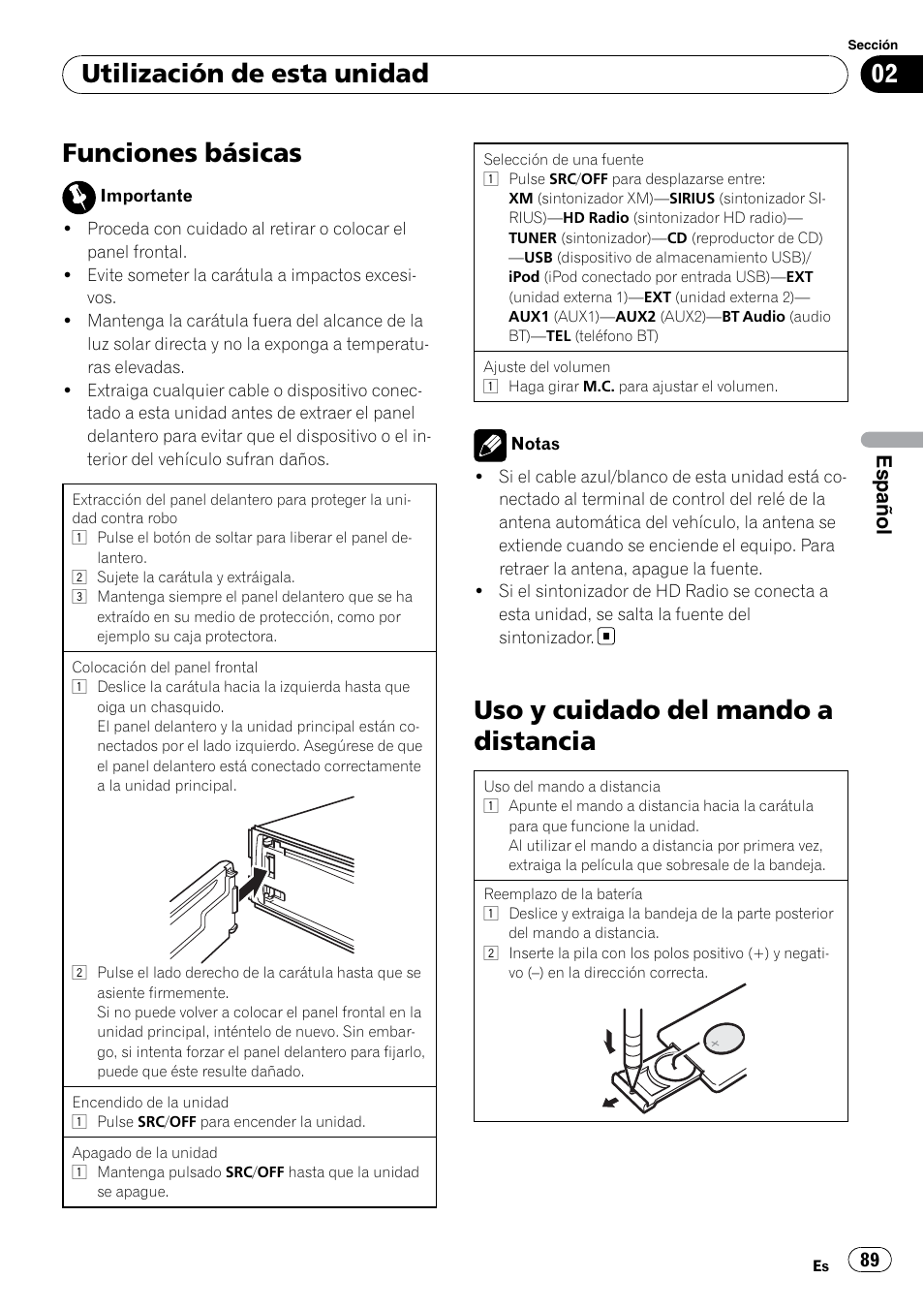 Funciones básicas, Uso y cuidado del mando a distancia, Utilización de esta unidad | Español | Pioneer DEH P4200UB User Manual | Page 89 / 122