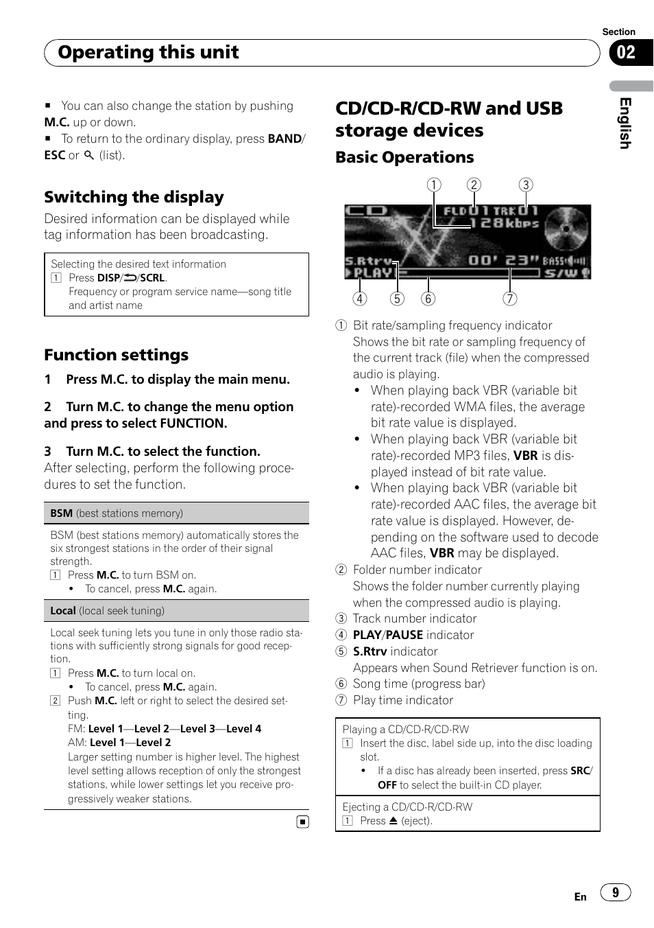 Switching the display 9, Function settings 9, Cd/cd-r/cd-rw and usb storage | Devices, Basic operations 9, Cd/cd-r/cd-rw and usb storage devices, Operating this unit, Switching the display, Function settings, Basic operations | Pioneer DEH P4200UB User Manual | Page 9 / 122