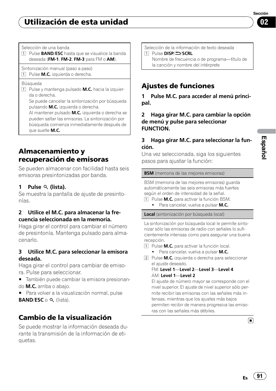 Almacenamiento y recuperación de, Emisoras, Cambio de la visualización 91 | Ajustes de funciones 91, Utilización de esta unidad, Almacenamiento y recuperación de emisoras, Cambio de la visualización, Ajustes de funciones, Español | Pioneer DEH P4200UB User Manual | Page 91 / 122