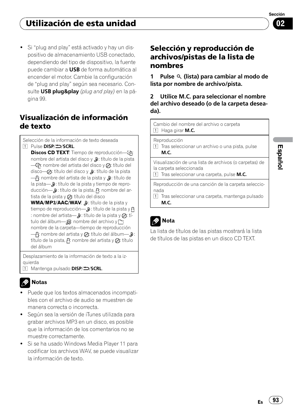 Visualización de información de, Texto, Selección y reproducción de archivos | Pistas de la lista de nombres, Utilización de esta unidad, Visualización de información de texto, Español | Pioneer DEH P4200UB User Manual | Page 93 / 122