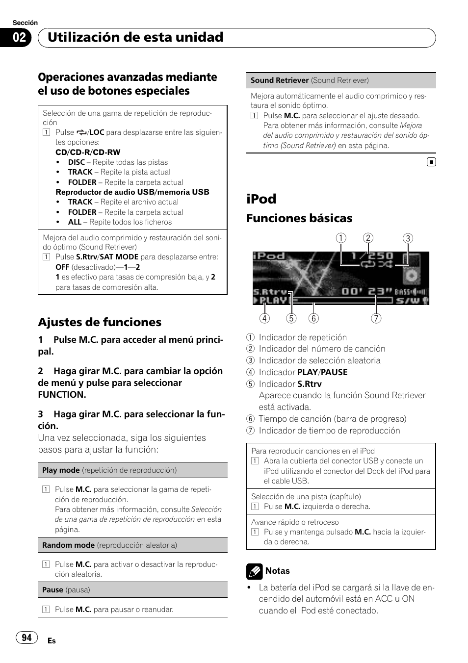 Operaciones avanzadas mediante el, Uso de botones especiales, Ajustes de funciones 94 | Ipod, Funciones básicas 94, Utilización de esta unidad, Ajustes de funciones, Funciones básicas | Pioneer DEH P4200UB User Manual | Page 94 / 122