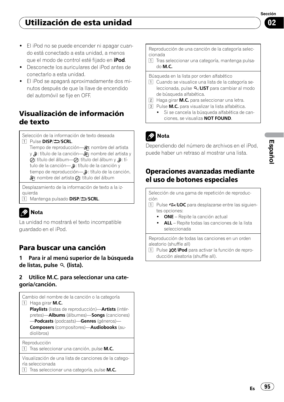 Visualización de información de, Texto, Para buscar una canción 95 | Operaciones avanzadas mediante el, Uso de botones especiales, Utilización de esta unidad, Visualización de información de texto, Para buscar una canción, Español | Pioneer DEH P4200UB User Manual | Page 95 / 122