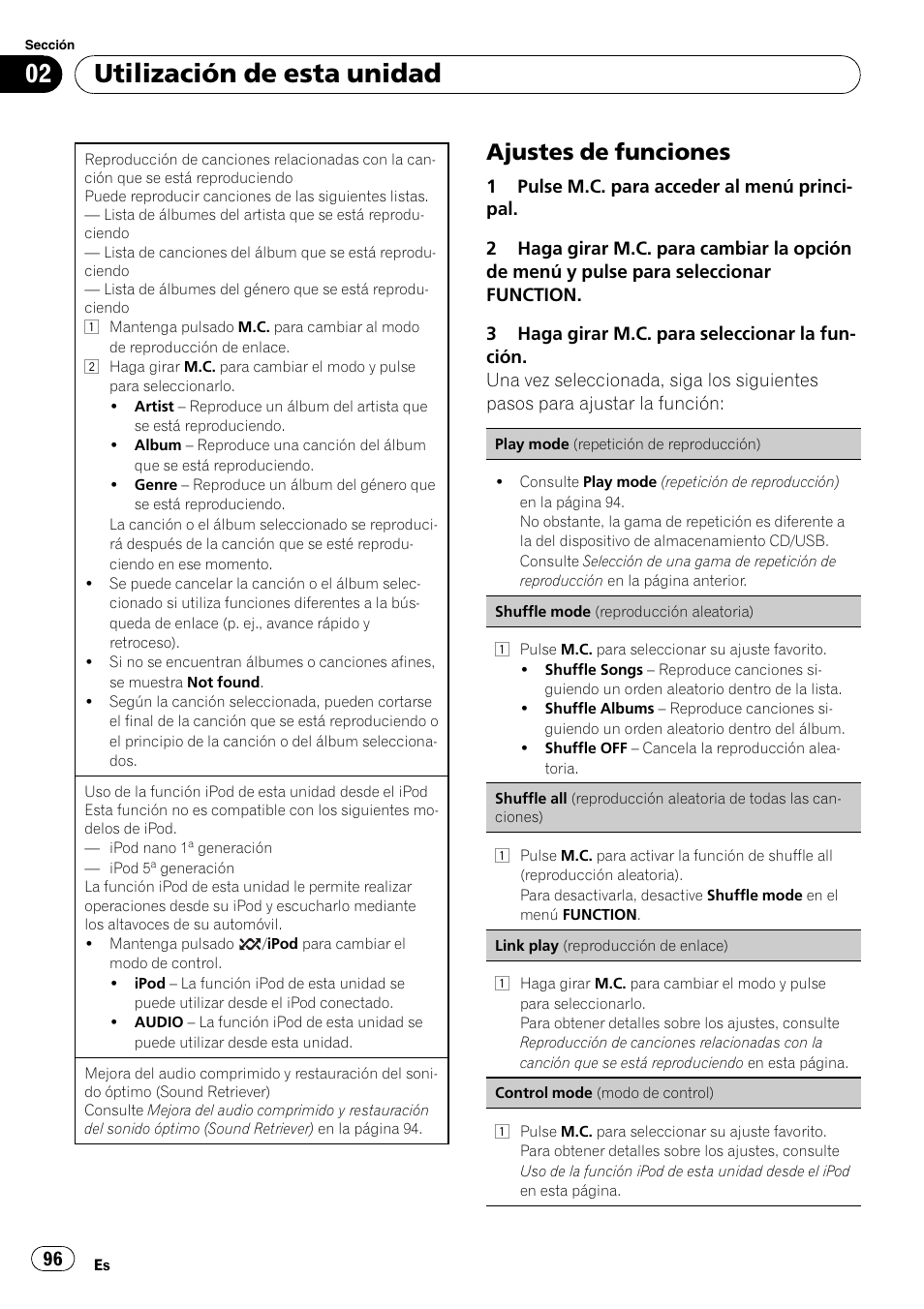 Ajustes de funciones 96, Utilización de esta unidad, Ajustes de funciones | Pioneer DEH P4200UB User Manual | Page 96 / 122