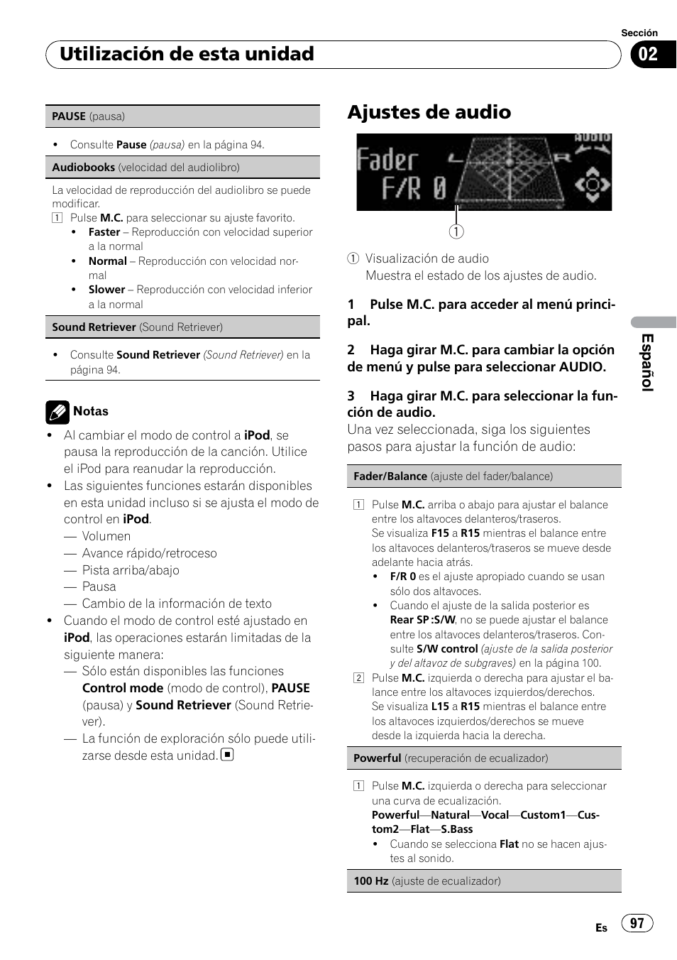 Ajustes de audio, Utilización de esta unidad, Español | Pioneer DEH P4200UB User Manual | Page 97 / 122