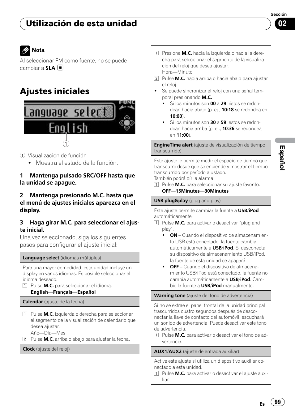 Ajustes iniciales, Utilización de esta unidad, Español | Pioneer DEH P4200UB User Manual | Page 99 / 122