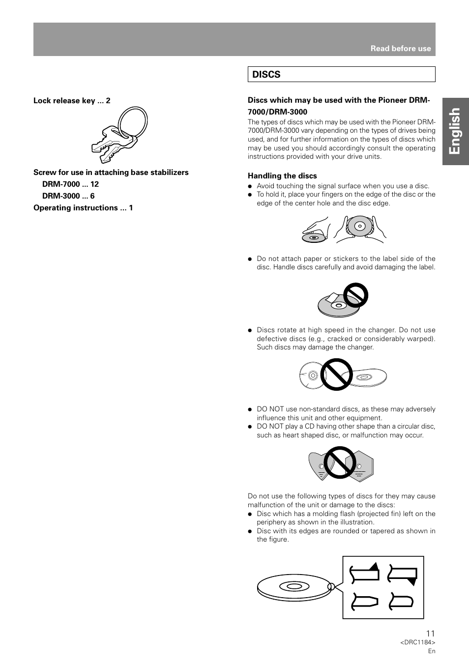 Discs, English | Pioneer DRM-7000 User Manual | Page 11 / 47