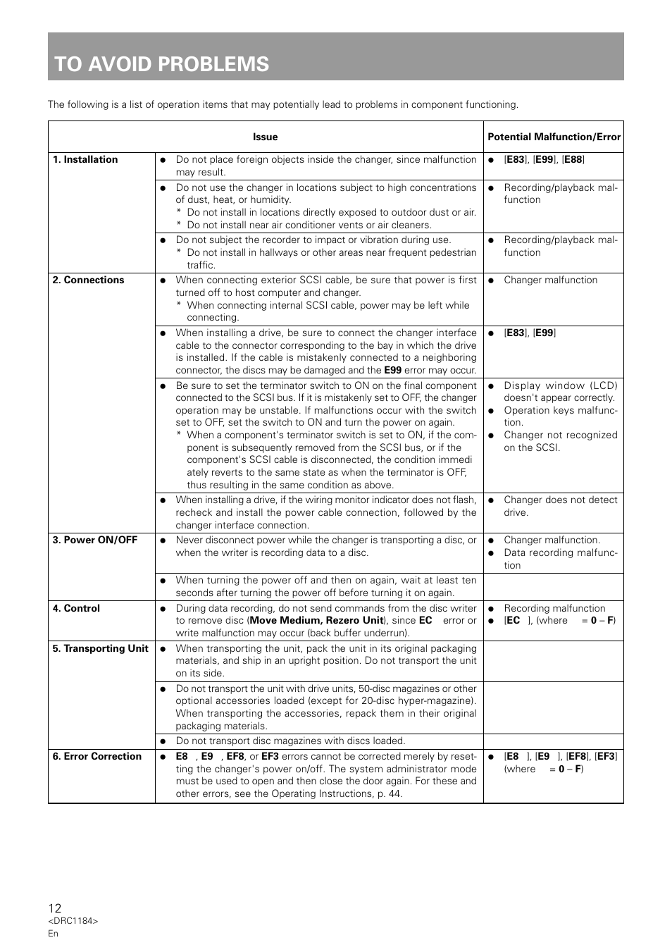 To avoid problems | Pioneer DRM-7000 User Manual | Page 12 / 47