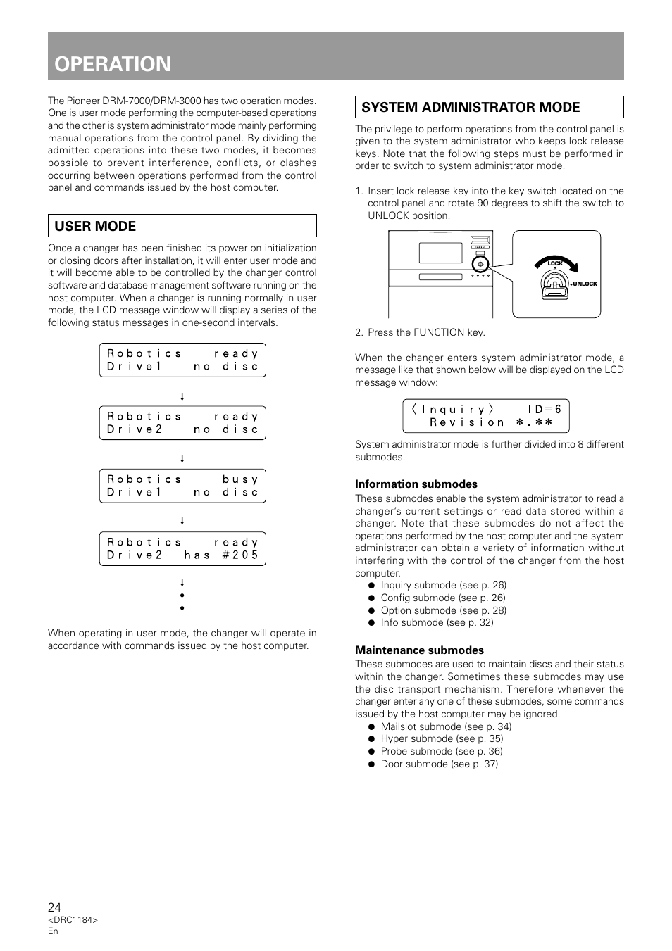 Operation, User mode, System administrator mode | Pioneer DRM-7000 User Manual | Page 24 / 47