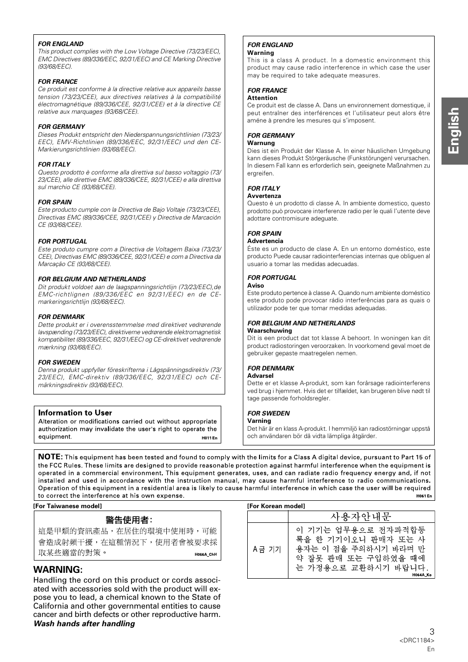 English, Warning | Pioneer DRM-7000 User Manual | Page 3 / 47