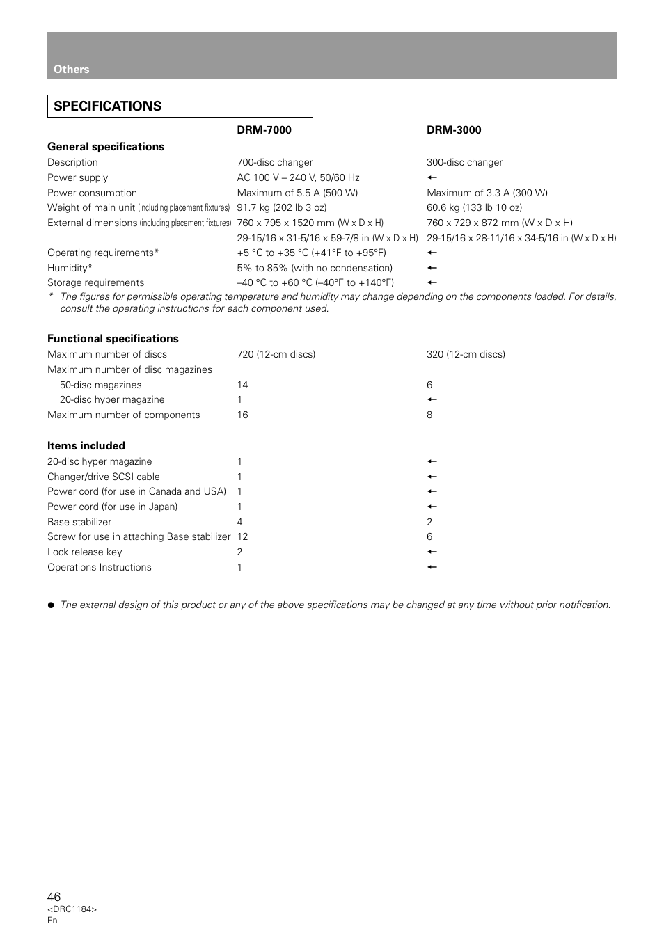 Specifications | Pioneer DRM-7000 User Manual | Page 46 / 47