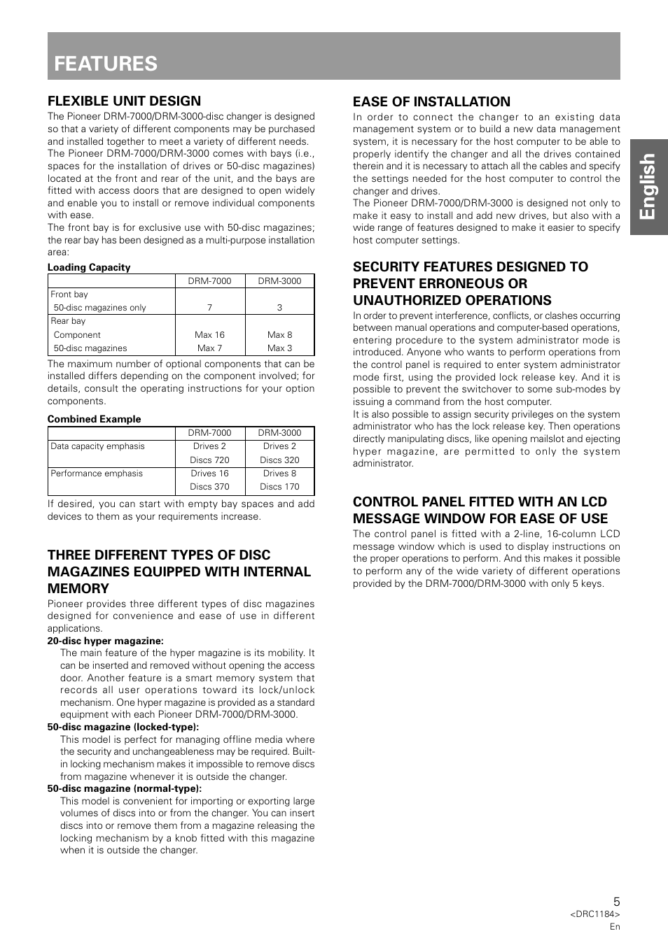 Features, English features, Flexible unit design | Ease of installation | Pioneer DRM-7000 User Manual | Page 5 / 47