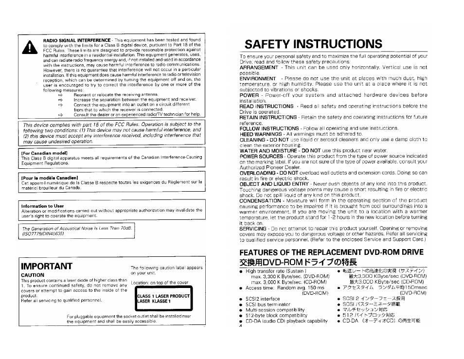 Safety instructions, Important, Features of the replacement dvd-rom drive | Ffldvd-rom | Pioneer DVD-ROM DRIVE UNIT DVD-D302 User Manual | Page 2 / 4