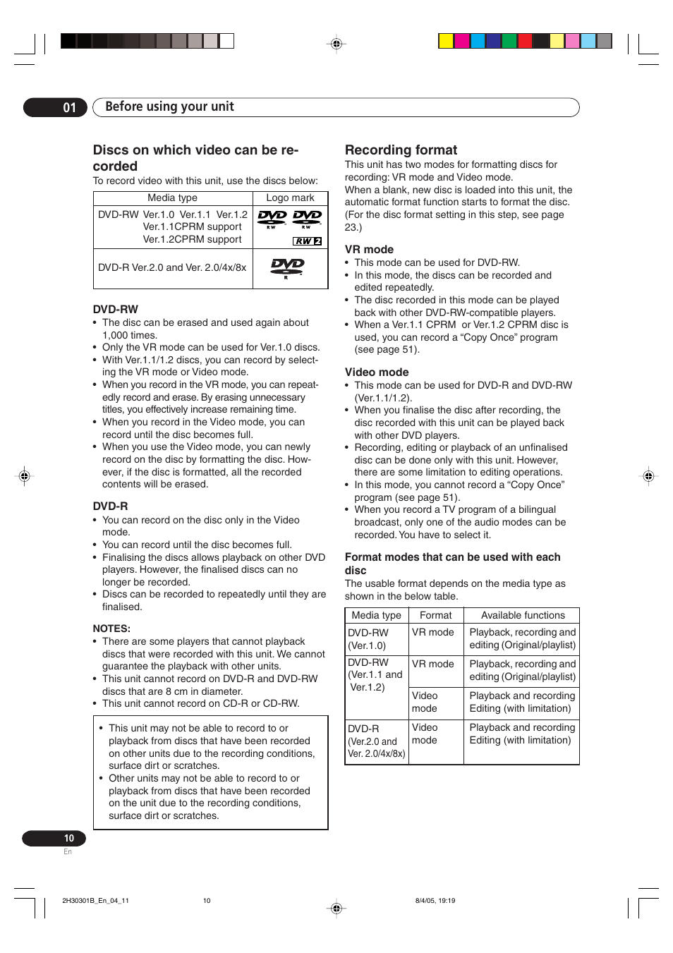 Recording format | Pioneer DVR-RT501-S User Manual | Page 10 / 92