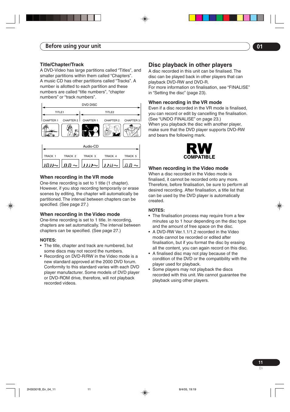 Disc playback in other players, Before using your unit 01, When recording in the vr mode | When recording in the video mode, Title/chapter/track | Pioneer DVR-RT501-S User Manual | Page 11 / 92