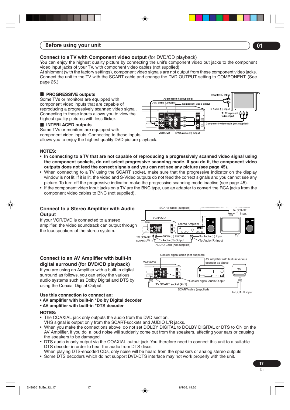 Before using your unit 01, Connect to a stereo amplifier with audio output | Pioneer DVR-RT501-S User Manual | Page 17 / 92